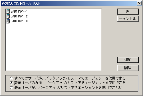 Backup Agent 管理の［アクセス コントロール リスト］ダイアログ ボックス