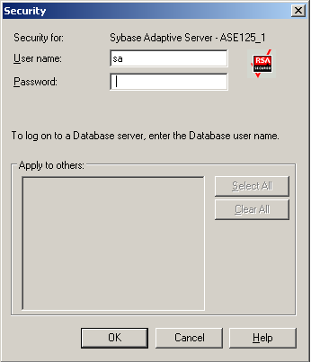 Sybase Adaptive Server の［セキュリティ］ダイアログ ボックス