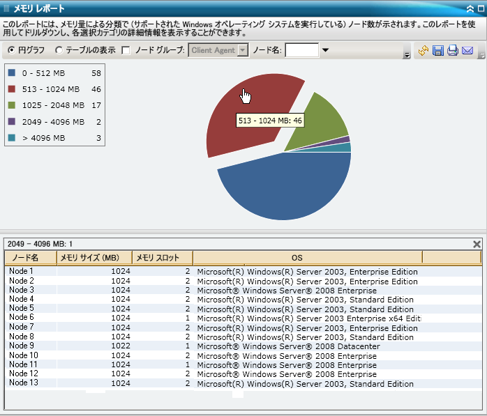 メモリ レポート - ドリルダウン円グラフ