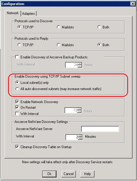 “发现配置”对话框。突出显示“使用 TCP/IP 子网扫描启用发现”部分，并指定“仅本地子网”选项。