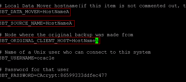 sbt.cfg Configuration File:为以下属性指定 HostNameA：SBT_DATA_MOVER, and SBT_ORIGINAL_CLIENT_HOST.