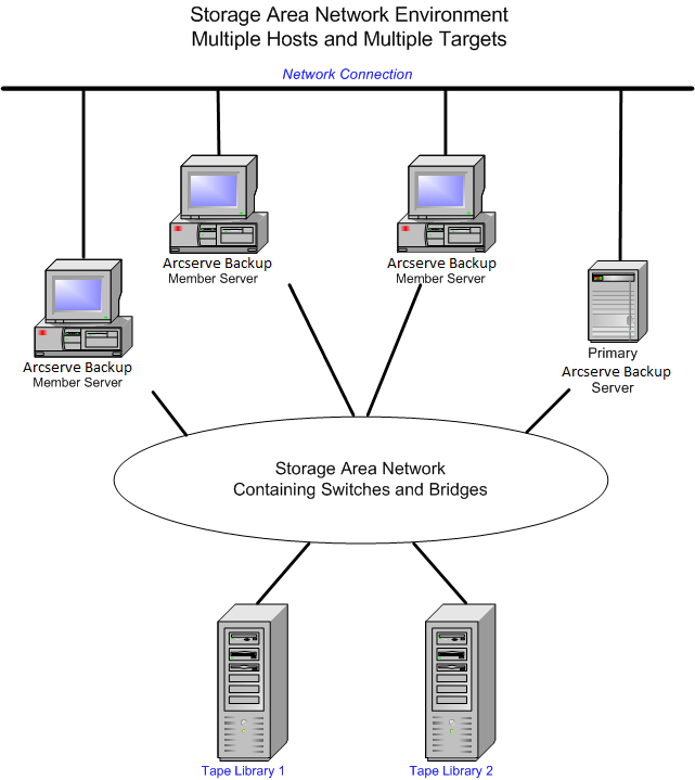 体系结构图：SAN Environment with Multiple hosts and targets.