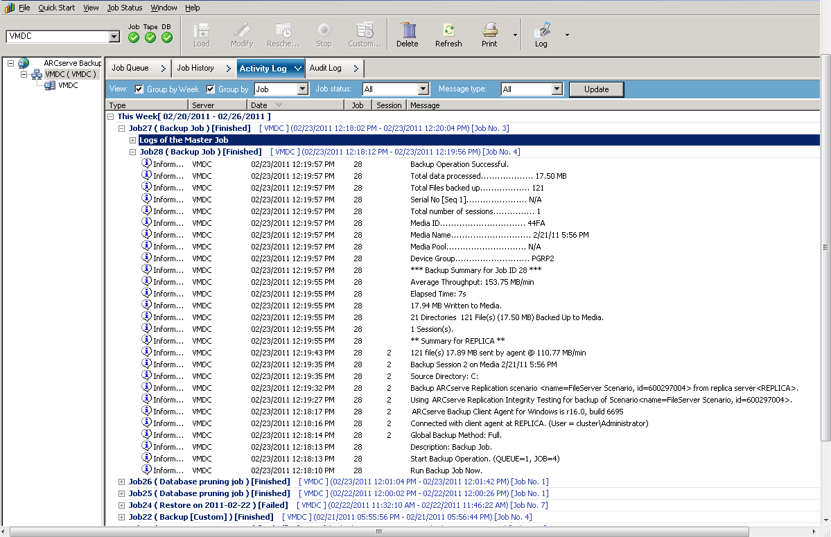 [活動日誌] 會反映與建立、刪除或修改 CA ARCserve Backup 資料庫中的案例記錄有關的 CA ARCserve Replication 作業。