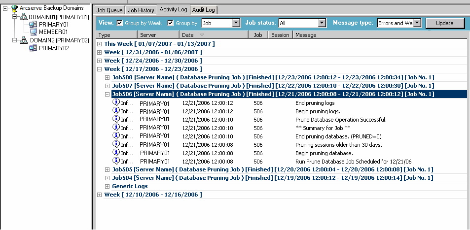 Job Status Manager - Activity Log - The ARCserve domain contains Member Servers.