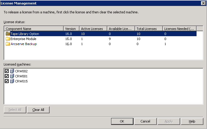License Management dialog - Shows the number of licenses applied and the servers associated with the selected license.