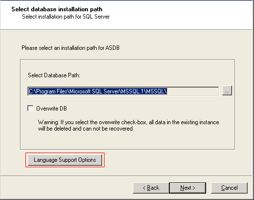 The Server Configuration Wizard. Language Support Options is highlighted.