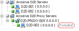 The Exclude option is applied to a ARCserve D2D source node.