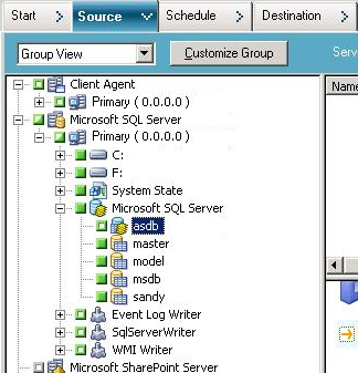 Backup Manager Source tab. The CA ARCserve Backup database is excludes from the source.