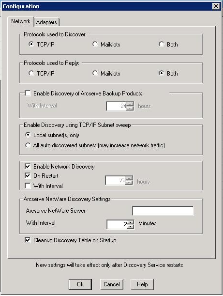 Discovery Configuration dialog. The default options are specified.
