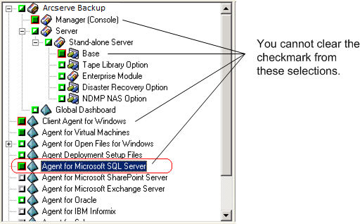 Components dialog: The Agent for Microsoft SQL Server is highlighed. You cannot clear the chack box.