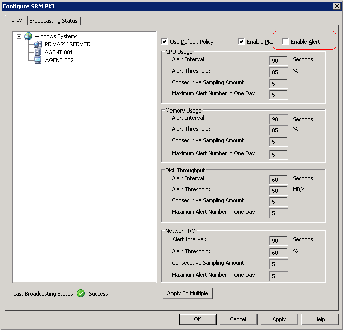 Configure SRM PKI dialog. The Enable Alert option is highlighted.