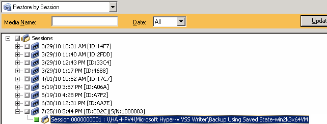 Restore Manager Session tree. The sessions object is expanded to display the Hyper-V session data that is to be restored.
