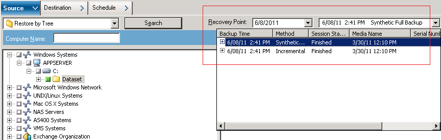 Select a source to submit a Point in Time Restore Job