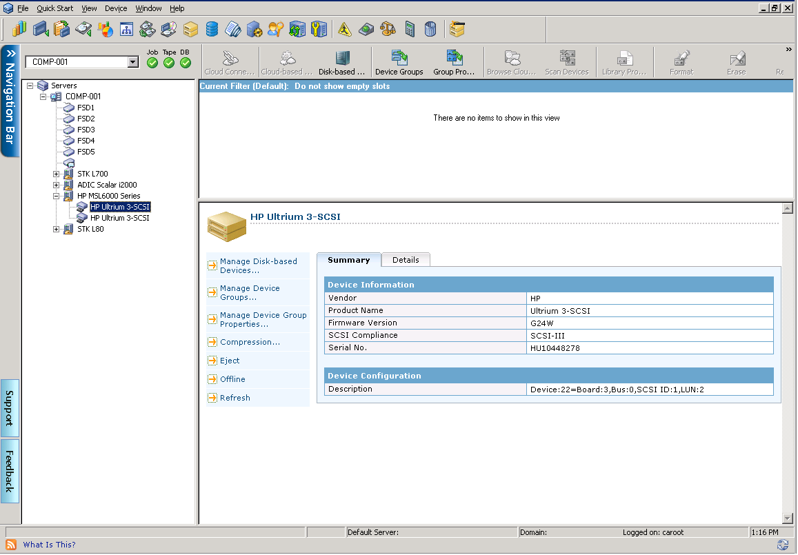 Device Manager Window. Summary informartion about library drives displays.