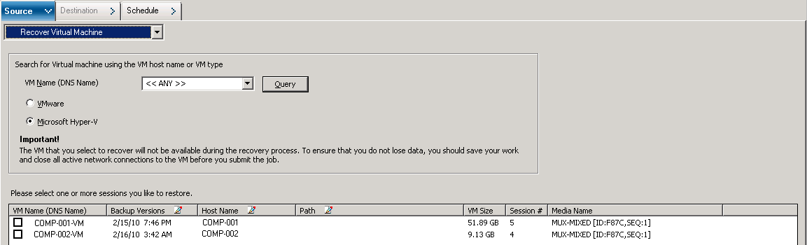 Restore Manager Recover VM Screen.