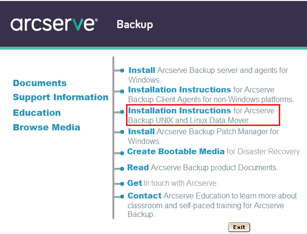 Installation Browser. Installation Instructions for UNIX and Linux Data Mover is highlighted.