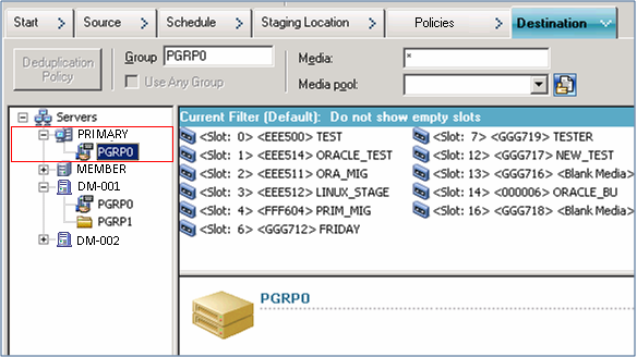 Backup Manager Destination Tab. The media selected is associated with the device connected to the primary server.