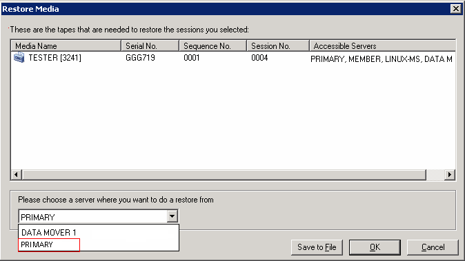 Restore Media dialog. The Please choose a server where you want to do a restore drop down list displays a list of backup servers.