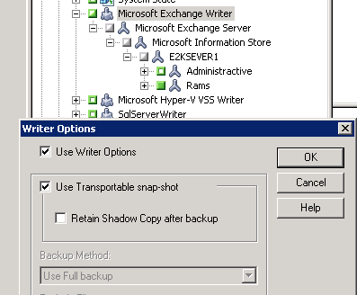 Writer Options dialiog. The Use Writer Options and Use Transportable snap-shot options are specified.