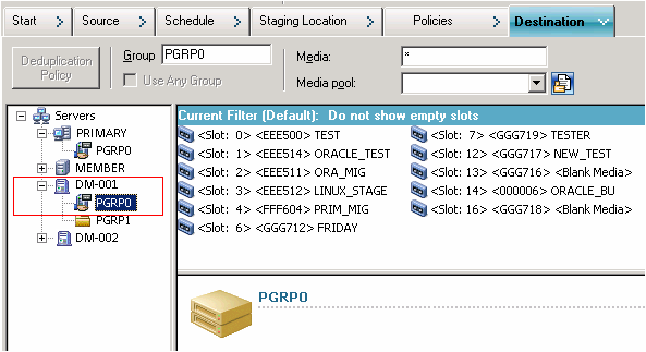 Backup Manager Destination Tab. The media selected is associated with the device connected to the data mover server.