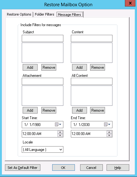 Message Filters on Restore Mailbox Options tab