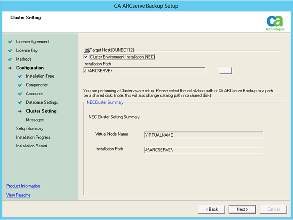 Setup - Cluster Settings dialog.