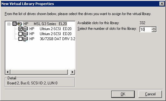 New Virtual Library Properties dialog. A devices is specified. The dialog displays the number of available slots for the specified device.