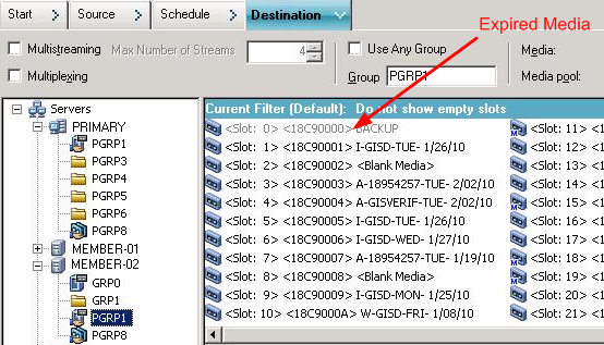 Backup Manager Destination tab. The highlighted media is expired.