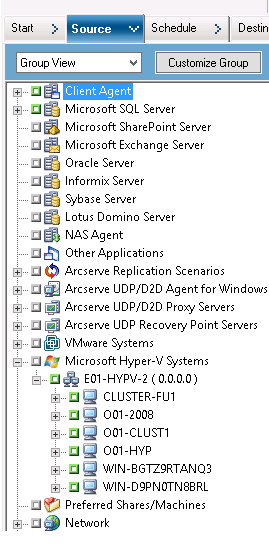 Backup Manager Source tab. Browsing Hyper-V VMs.