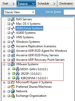 Backup Manager Window with the VMware VCB System Object expanded to display the virtual machines.