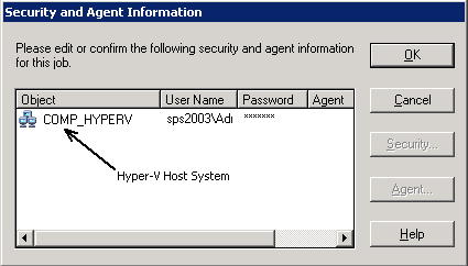 Security and Agent dialog. Logging in to the Hyper-V host system.