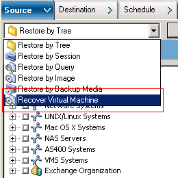 Restore Manager Window with the Source tab selected. The Recover Virtual Machines restore method is selected.