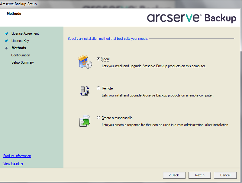 Setup: Methods dialog. Se especifica el método de instalación local.