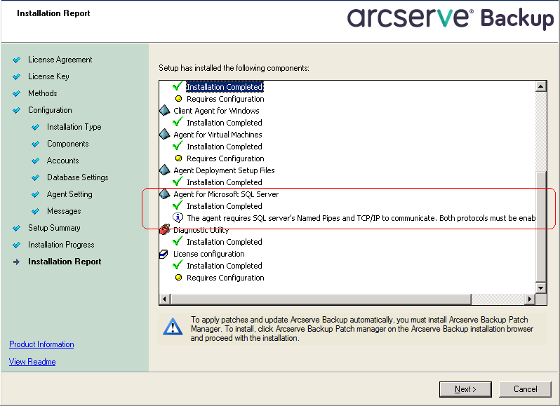 Setup: Installation Report dialog. El Agente para Microsoft SQL Server contiene información importante.