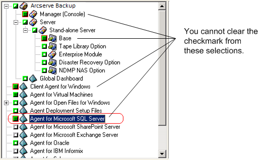 Components dialog: The Agent for Microsoft SQL Server is highlighed. No se puede eliminar la casilla de verificación.