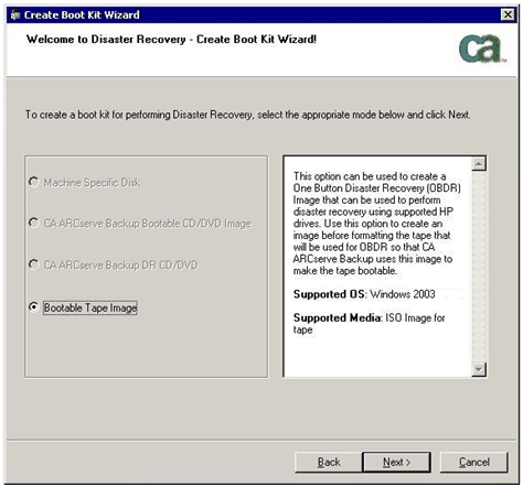 Creación de CA Bootable Tape Image para Windows 2003