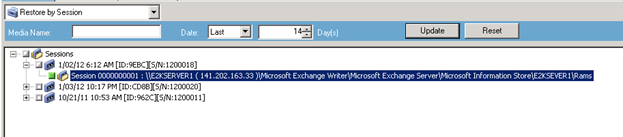 Restauración de Microsoft Exchange por lista de sesiones