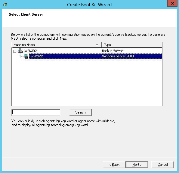 Boîte de dialogue Sélectionner le serveur client