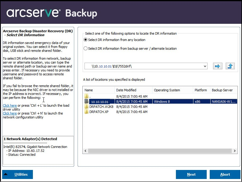 Récupération après sinistre Windows PE : sélectionnez la fenêtre Informations de récupération après sinistre.