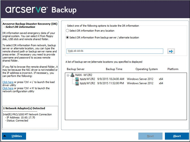 Récupération après sinistre Windows PE : sélectionnez la fenêtre Informations de récupération après sinistre.