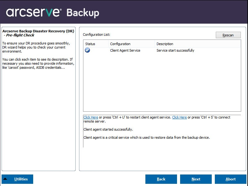 Récupération après sinistre Windows PE : fenêtre Vérification préalable.