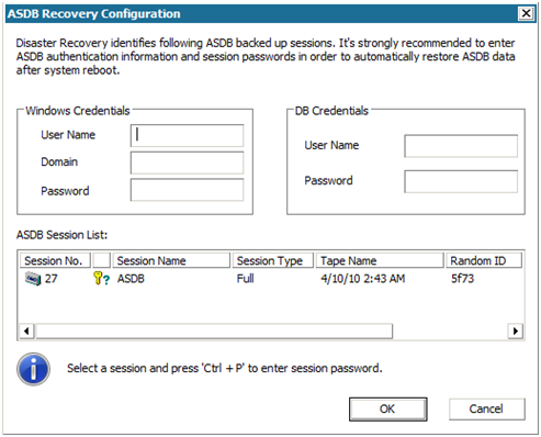 Configuration de la récupération d'ASDB