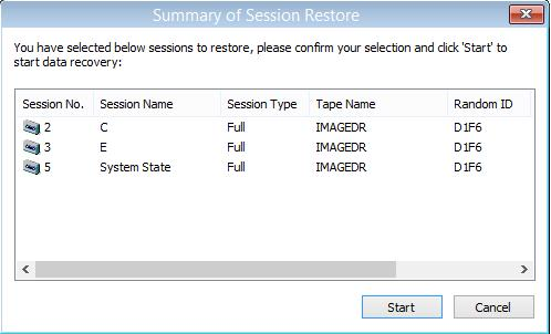 Récupération après sinistre Windows PE : fenêtre Récapitulatif de restauration de session.
