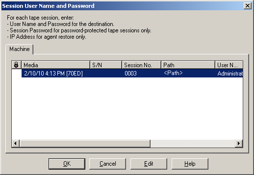 Finestra di dialogo Nome utente e password sessione