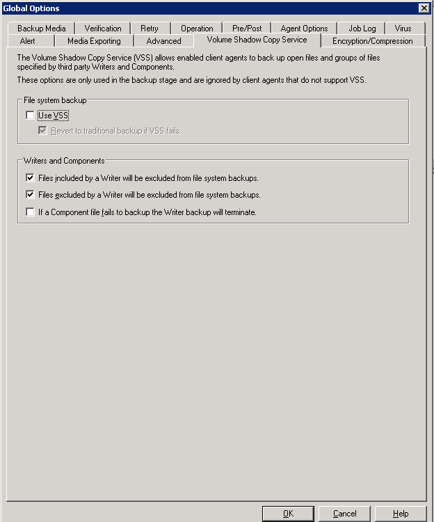 Scheda Volume Shadow Copy Service nella finestra di dialogo Opzioni globali