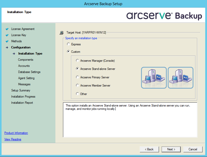 Programma di installazione: Tipo di installazione - Server standalone Arcserve.