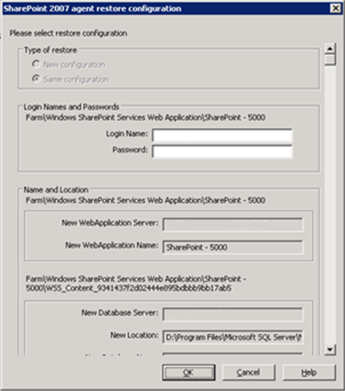 Finestra di dialogo Configurazione ripristino agente SharePoint 2007