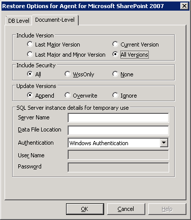 Finestra di dialogo Opzioni di ripristino per l'agente per Microsoft SharePoint 2007