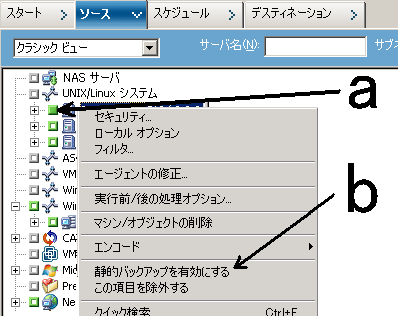 ［ソース］タブ、クラシック ビュー。コンピュータ名の横のチェック ボックスをクリックします。コンピュータ名を右クリックし、コンテキスト メニューの［静的バックアップを有効にする］をクリックします。