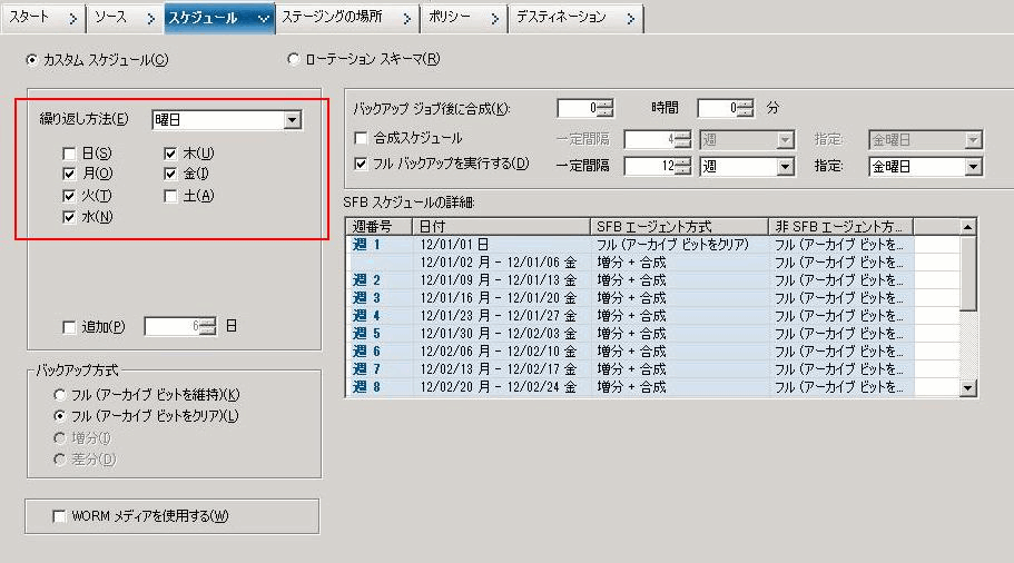 バックアップ マネージャの［スケジュール］タブ_SFB のカスタム スケジュール